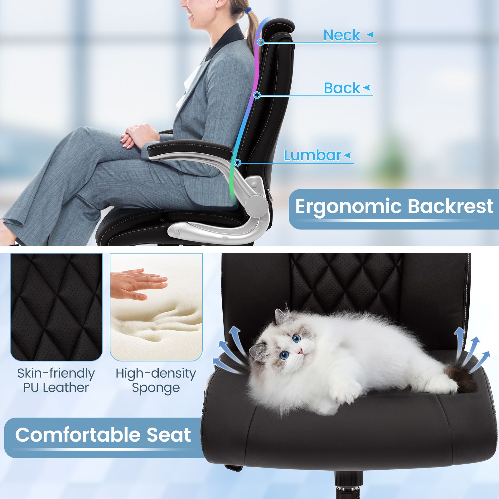 Ergonomic PU Leather Office Chair, Height Adjustable Executive Chair with Headrest, Lumbar Support, Swivel Function, and Stylish Design for Home or Office